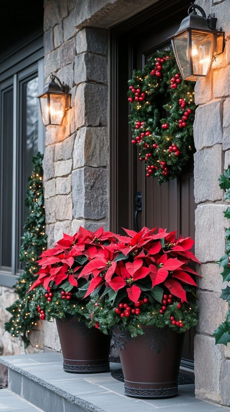 Pair of large textured Christmas planters with dried grass and gold ornaments