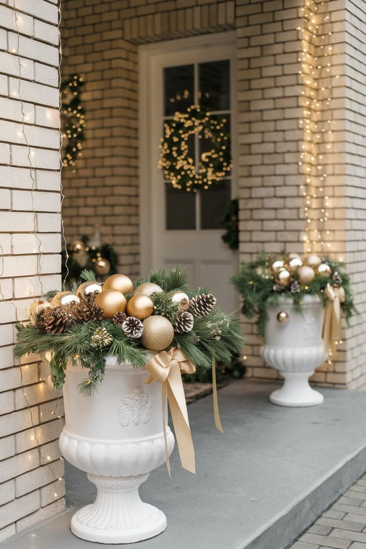 Carved white urns with gold and white ornaments and a satin ribbon