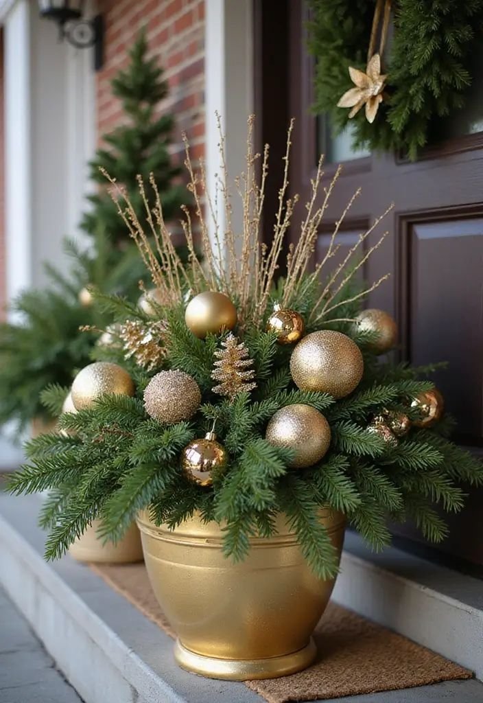 Gold planter filled with gold ornaments, gilded pinecones, and gold twig stems