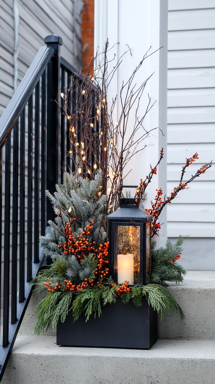 Black planter with a lit lantern, frosted pine, and orange berry branches on steps
