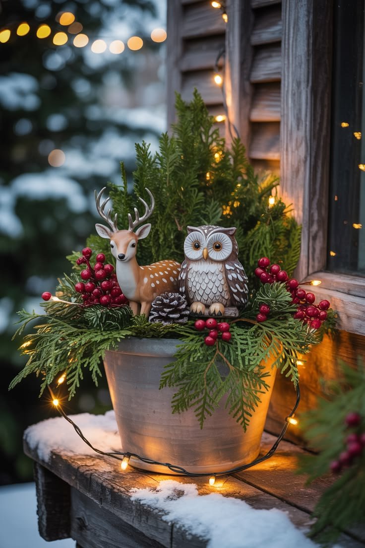 Woodland-themed planter with ceramic deer and owl figures among cedar and berries