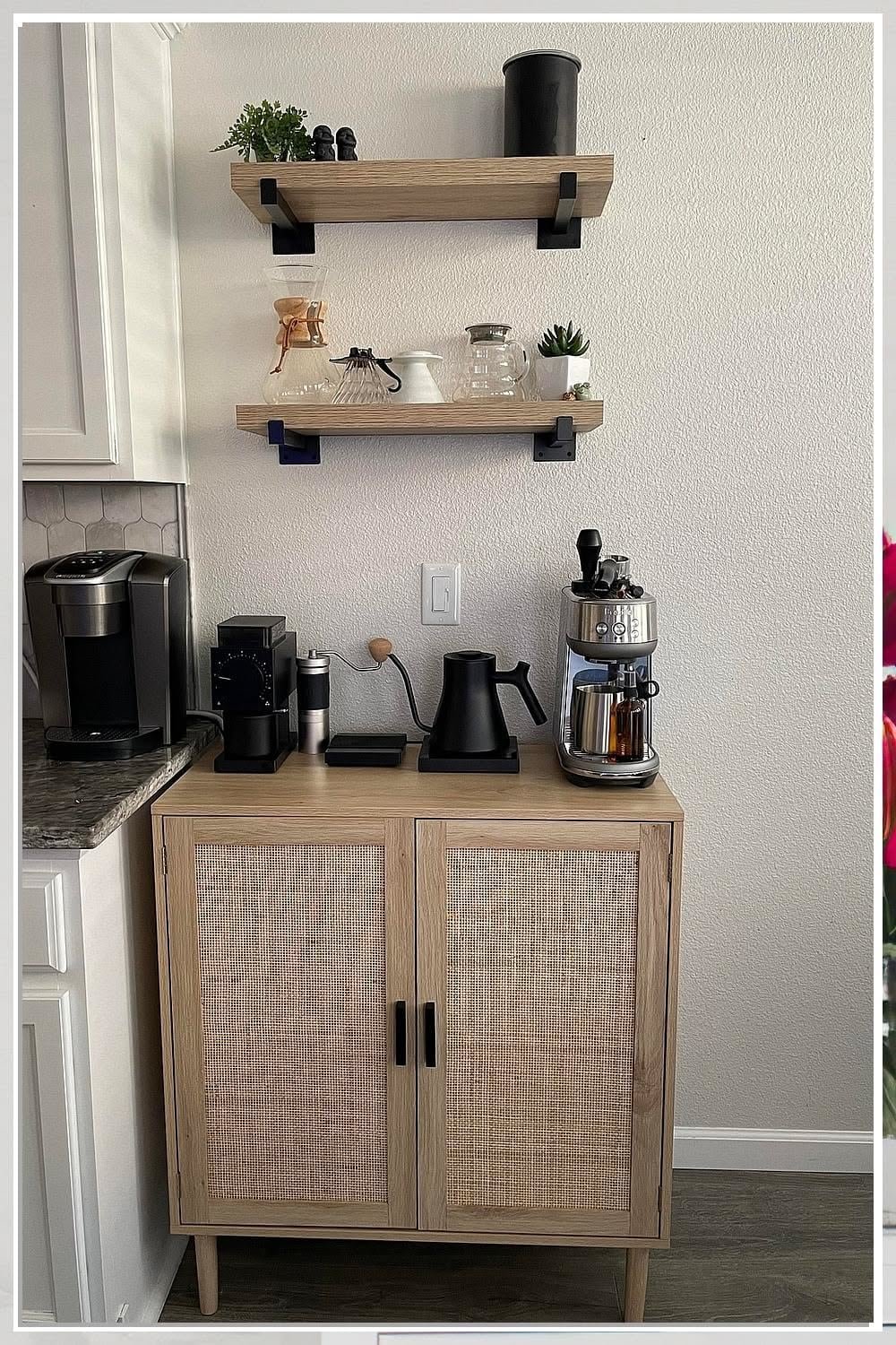 Small cane-front cabinet in a kitchen corner topped with coffee makers and a kettle, with two floating shelves above