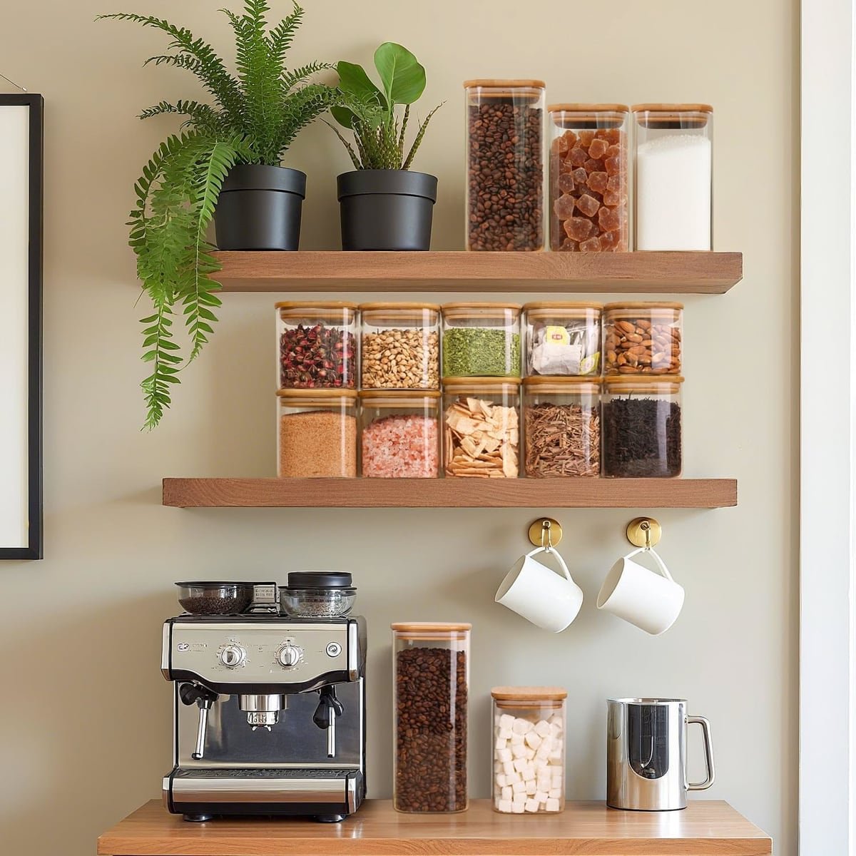 Square glass jars with bamboo lids filled with coffee, snacks and grains on wood shelves above an espresso machine, with ferns on top