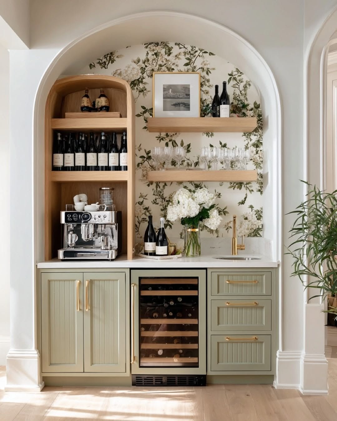 Arched alcove coffee bar with floral wallpaper, sage green cabinets, an espresso machine and light wood shelving
