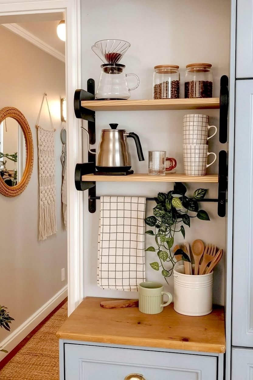 Narrow wall shelves on black brackets holding jars, mugs and a kettle, with a towel bar and utensil crock above a small wood counter