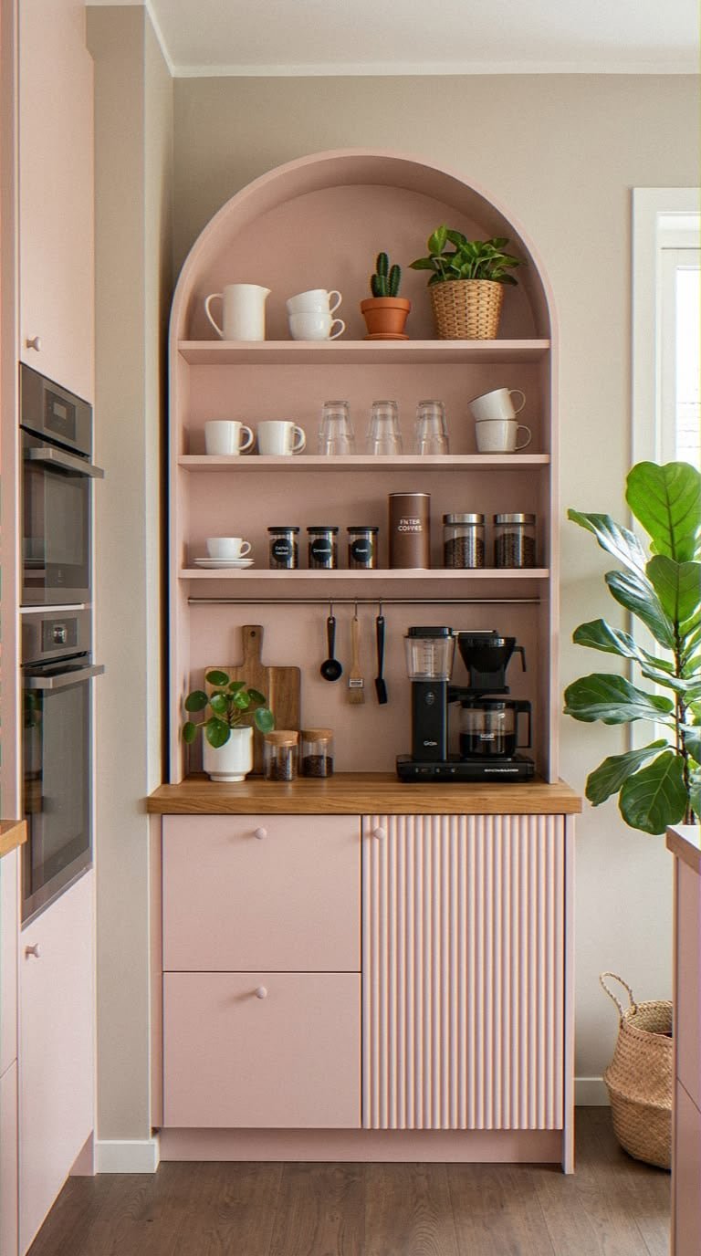 Soft pink arched shelving with white mugs, glasses and canisters above a wood counter and a small drip coffee maker