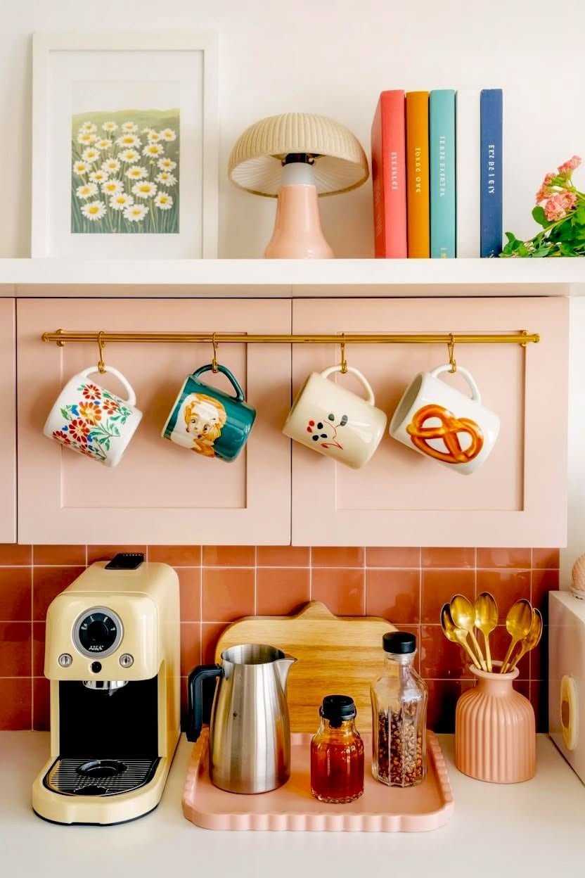 Pink cabinets with a brass rail of colorful mugs above terracotta tile, a cream espresso machine and a pink tray