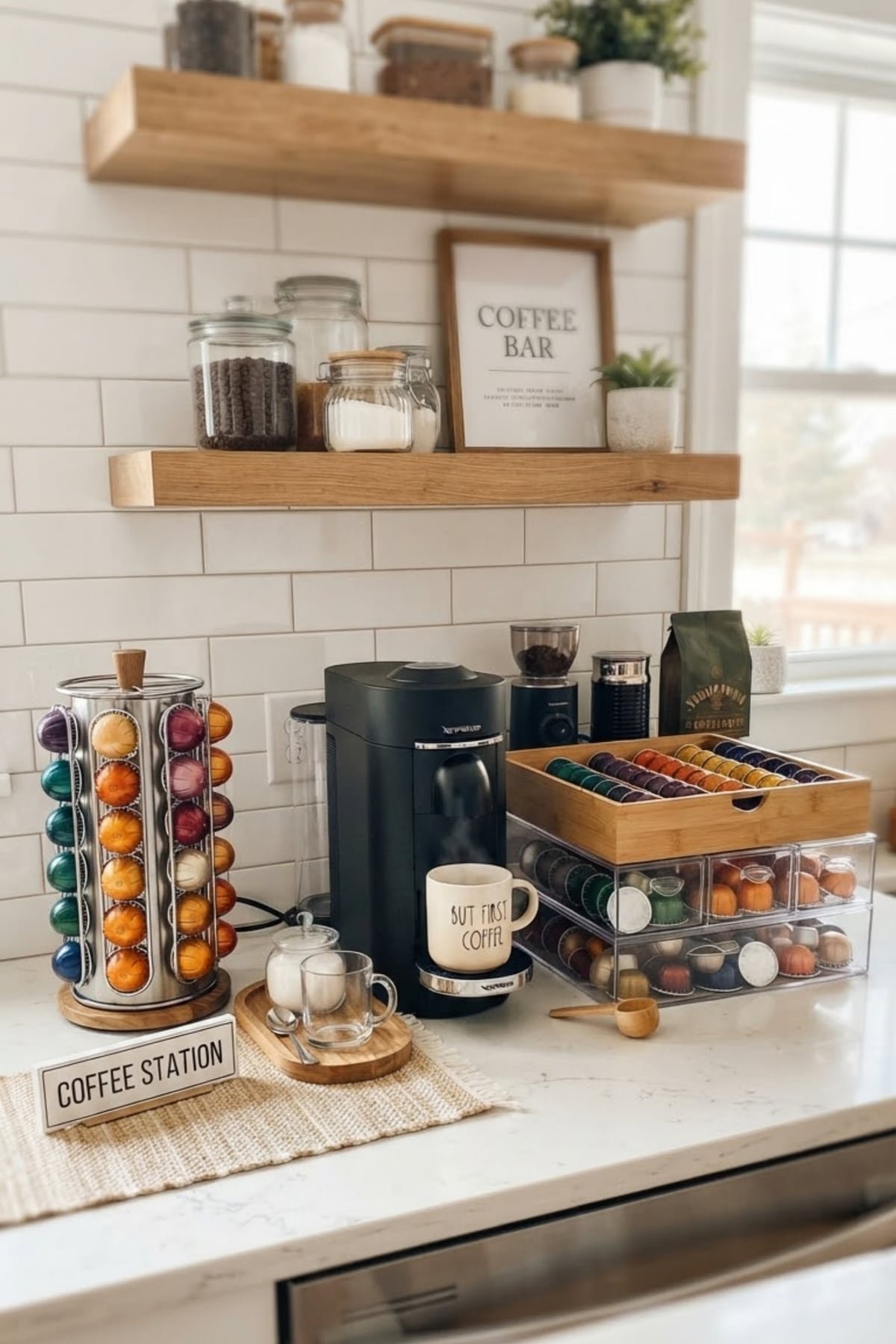 Countertop coffee station with a pod carousel, pod drawer, black coffee machine and a coffee station sign in front of white subway tile