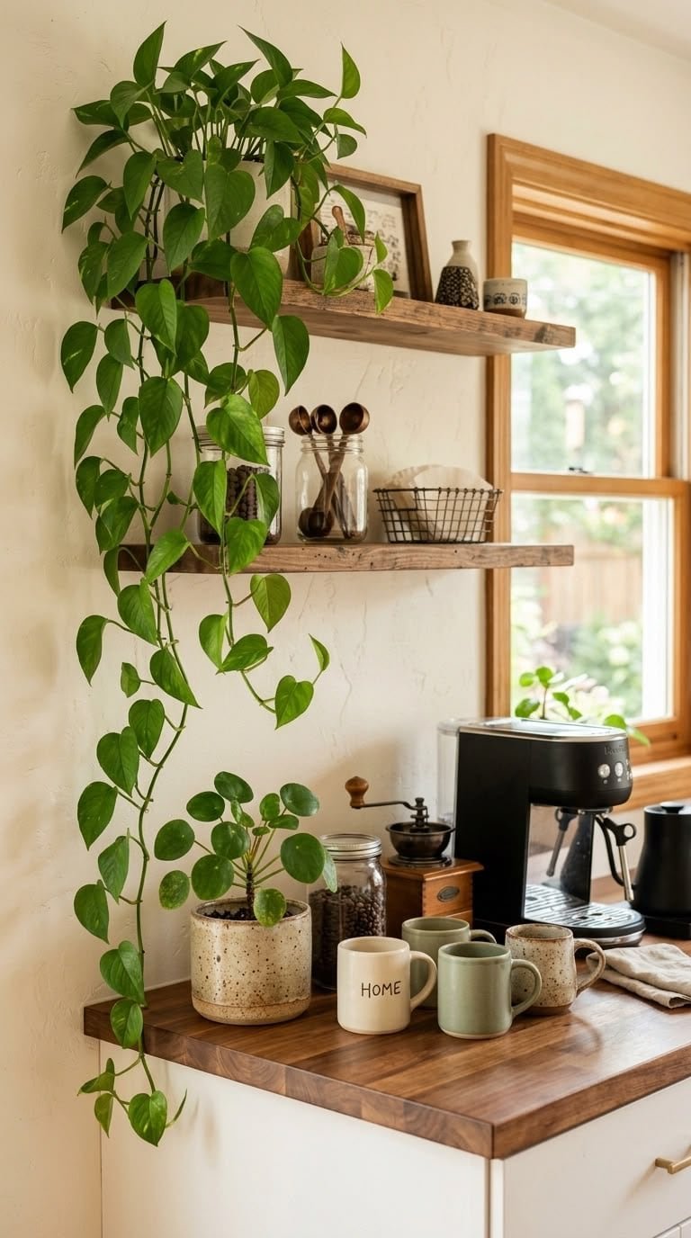 Trailing pothos plant draping down floating wood shelves beside a window, with a coffee maker and mugs on the counter below