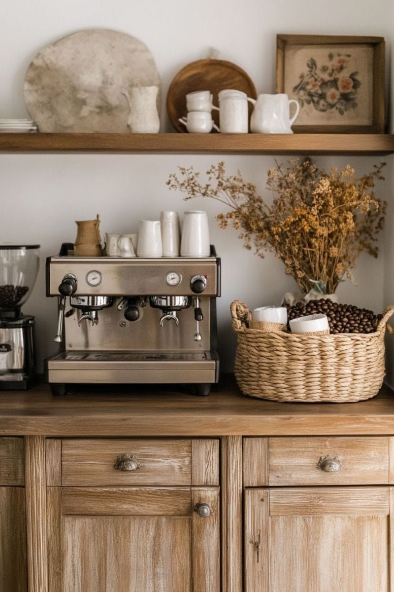 Espresso machine on a light wood cabinet beside a woven basket of coffee beans and dried flowers, with cream mugs on a shelf above