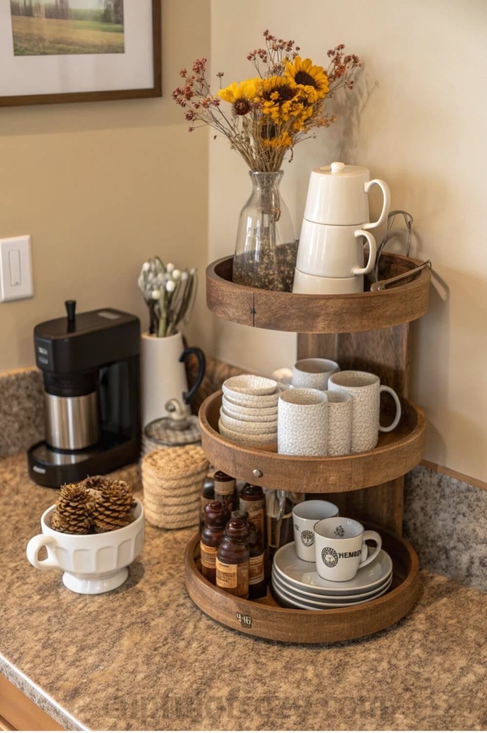 Three-tier wooden tray in a counter corner holding mugs, plates and syrup bottles beside a coffee maker and a vase of sunflowers