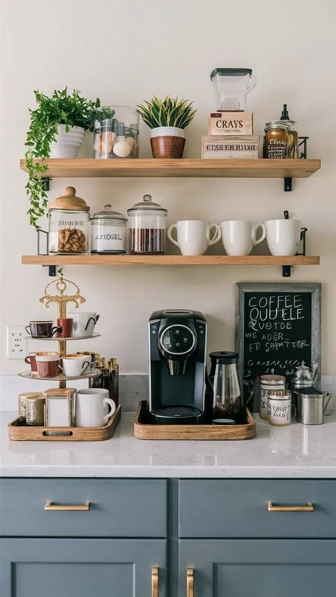 Coffee maker and mugs on wooden trays on a white counter with a tiered mug stand and a small chalkboard sign