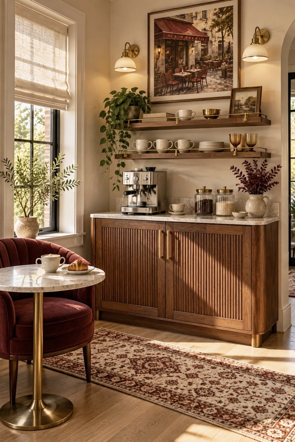 Walnut fluted cabinet with a marble top and espresso machine beside a bistro table and burgundy chair, with a framed cafe painting above