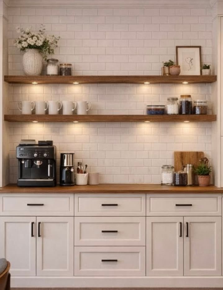White kitchen cabinets with a wood countertop and two wood floating shelves holding white mugs, jars and small plants