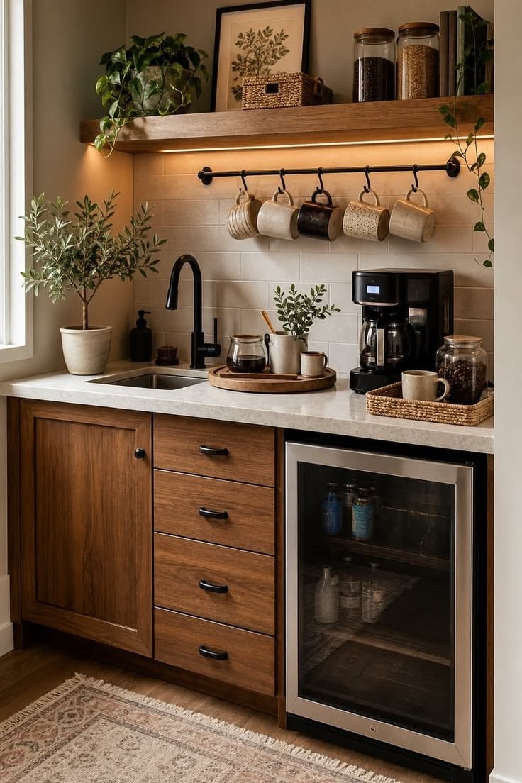 Warm under-shelf lighting over a mug rail, coffee maker and cream tile backsplash above wood cabinets and a beverage fridge