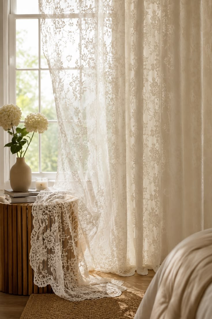 Ivory lace curtains filtering soft light into a cottagecore bedroom