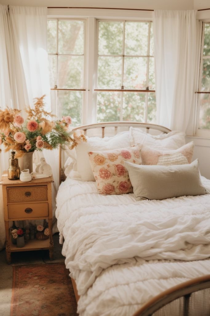 Wrought iron bed frame dressed with ruffled cream bedding in a cottagecore bedroom