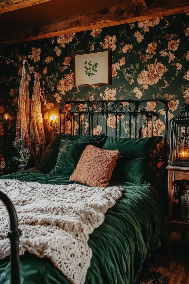 Cottagecore bedroom with dark moody floral wallpaper behind a black iron bed frame