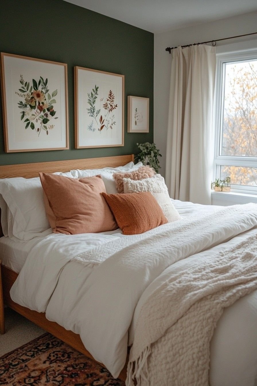 Sage green bedroom wall hung with a grid of pressed botanical prints