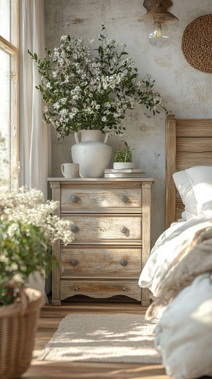 Distressed white wood nightstand with a ceramic pitcher in a cottagecore bedroom
