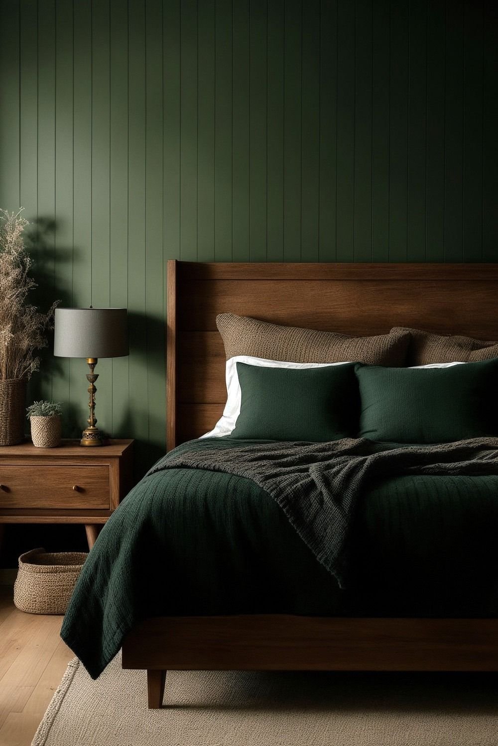Dark green accent wall in a cozy cottagecore bedroom