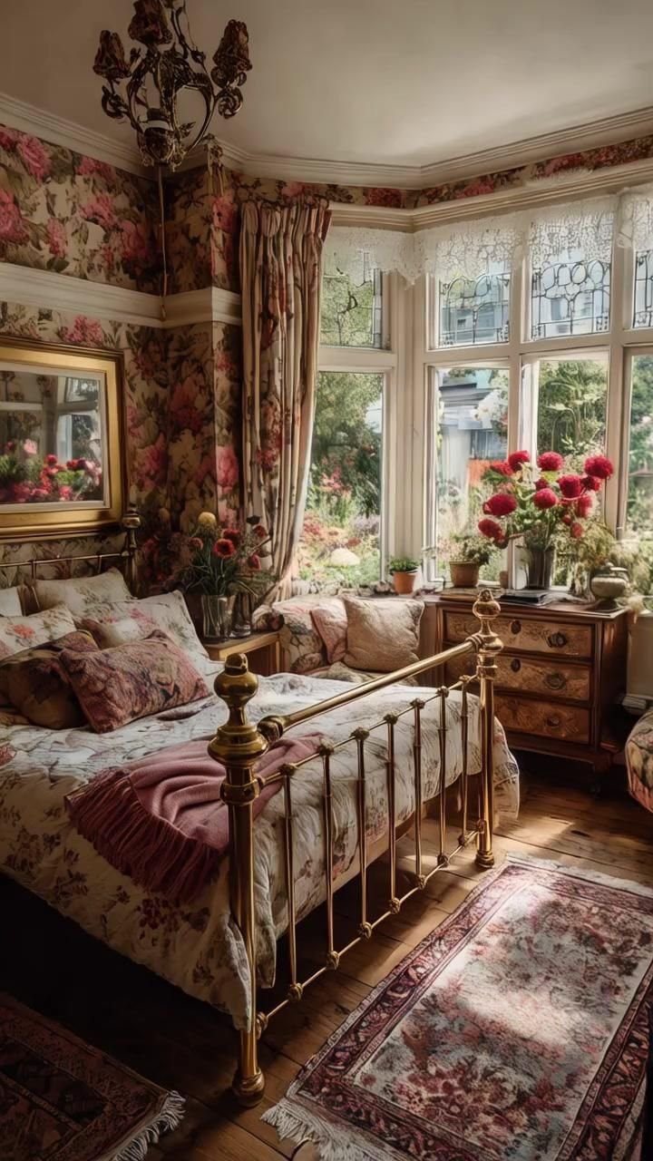 Ornate brass bed frame in a Victorian-style cottagecore bedroom with a garden view