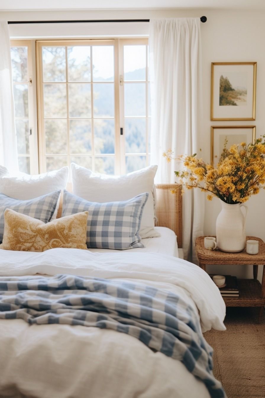 Wicker nightstand beside a bed with blue gingham curtains in a cottagecore bedroom