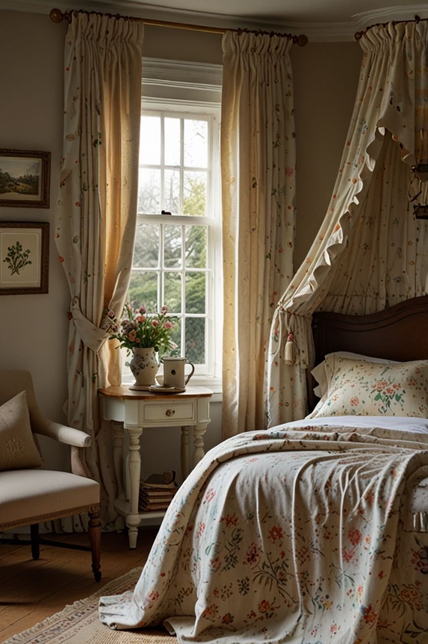 Matching floral curtains and bed canopy in an English cottage-inspired bedroom