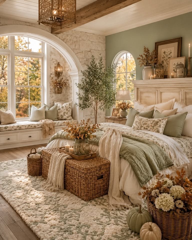 Arched window seat with a sage green cushion in a cozy cottage bedroom