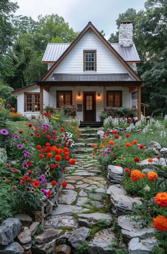 Charming white cottage house exterior with an overflowing flower garden