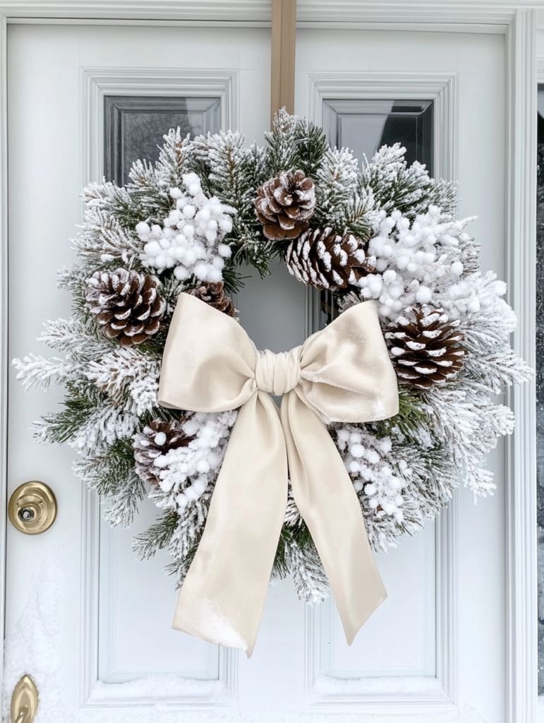 Flocked white Christmas wreath with pinecones and a cream velvet bow