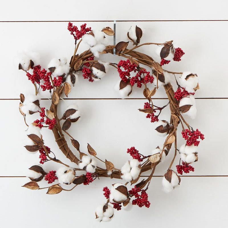 Cotton boll and red berry wreath on a grapevine base