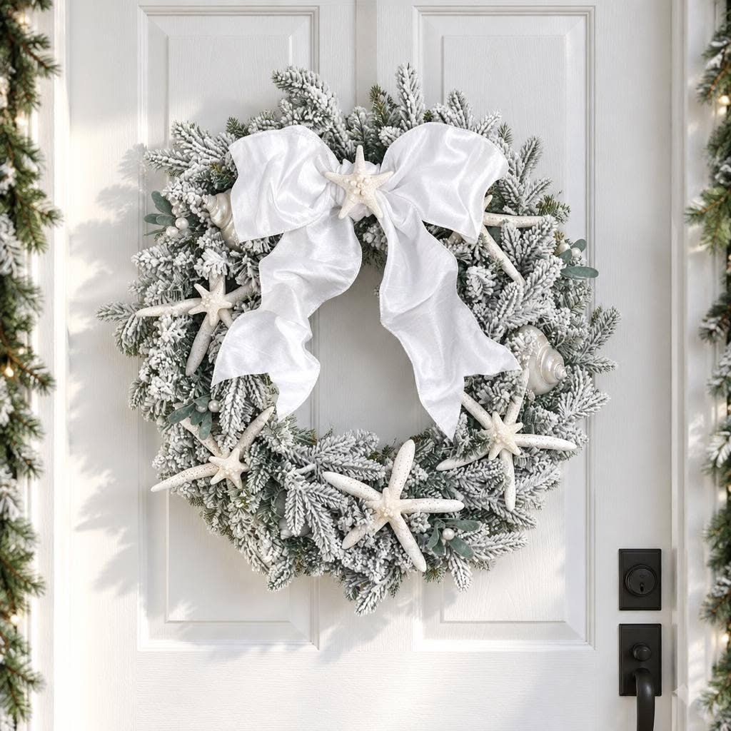 Coastal Christmas wreath with starfish and a white bow
