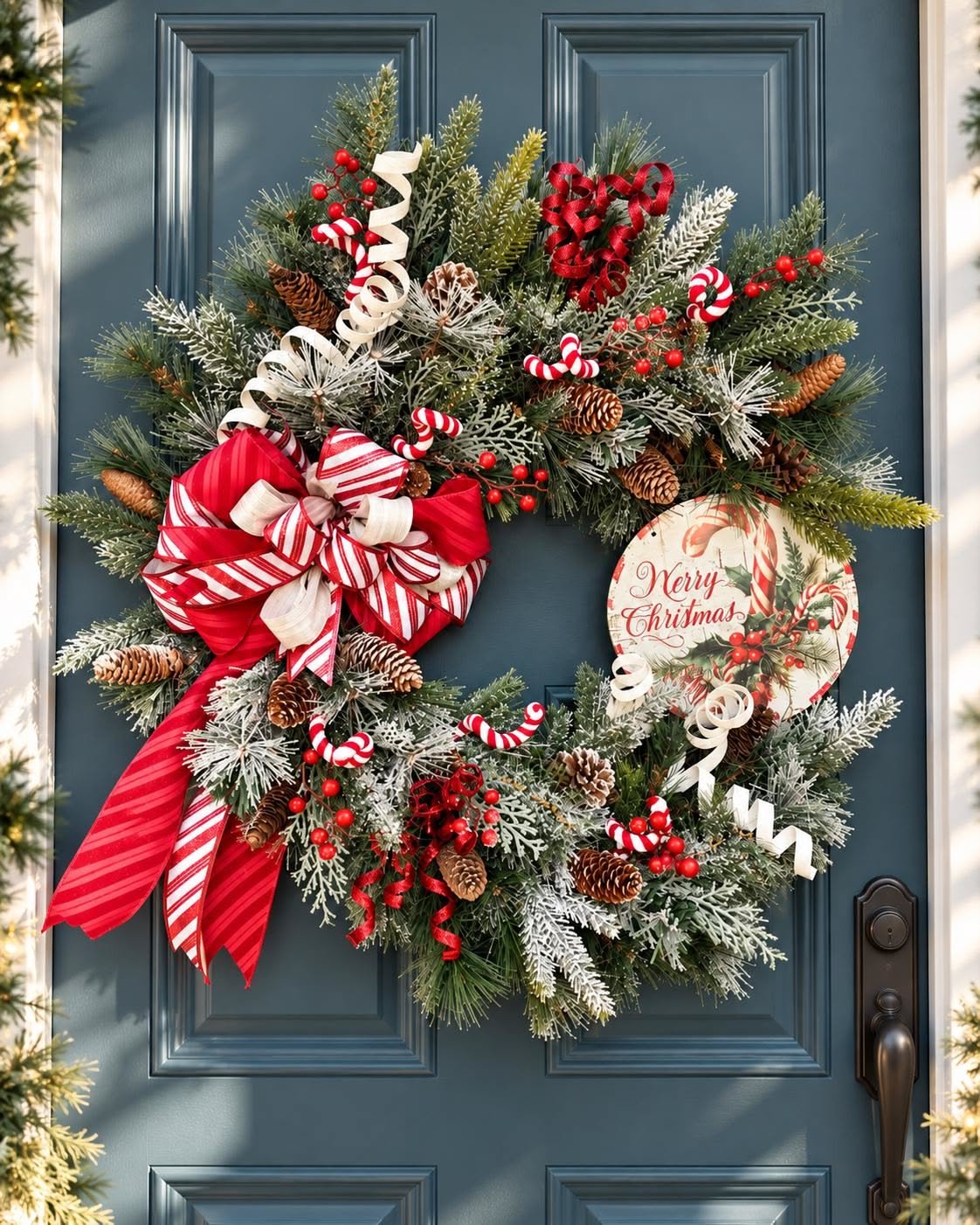 Candy cane striped wreath with a round Merry Christmas sign