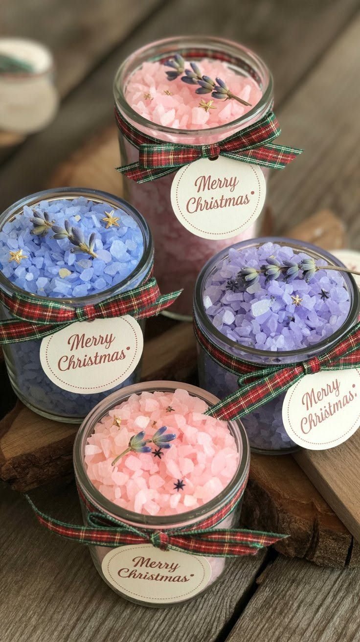 Scented bath salts packaged in a small glass jar as a holiday gift