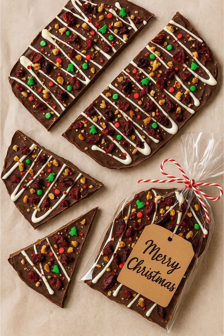 Homemade Christmas chocolate bark broken into pieces and packaged