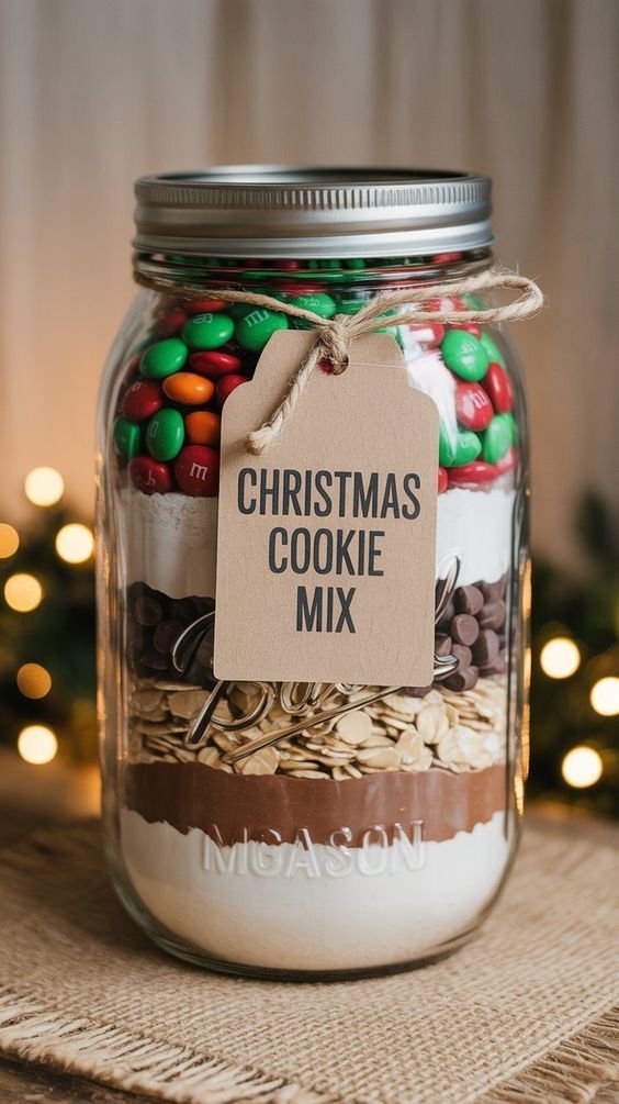 DIY Christmas cookie mix layered in a glass jar as a gift