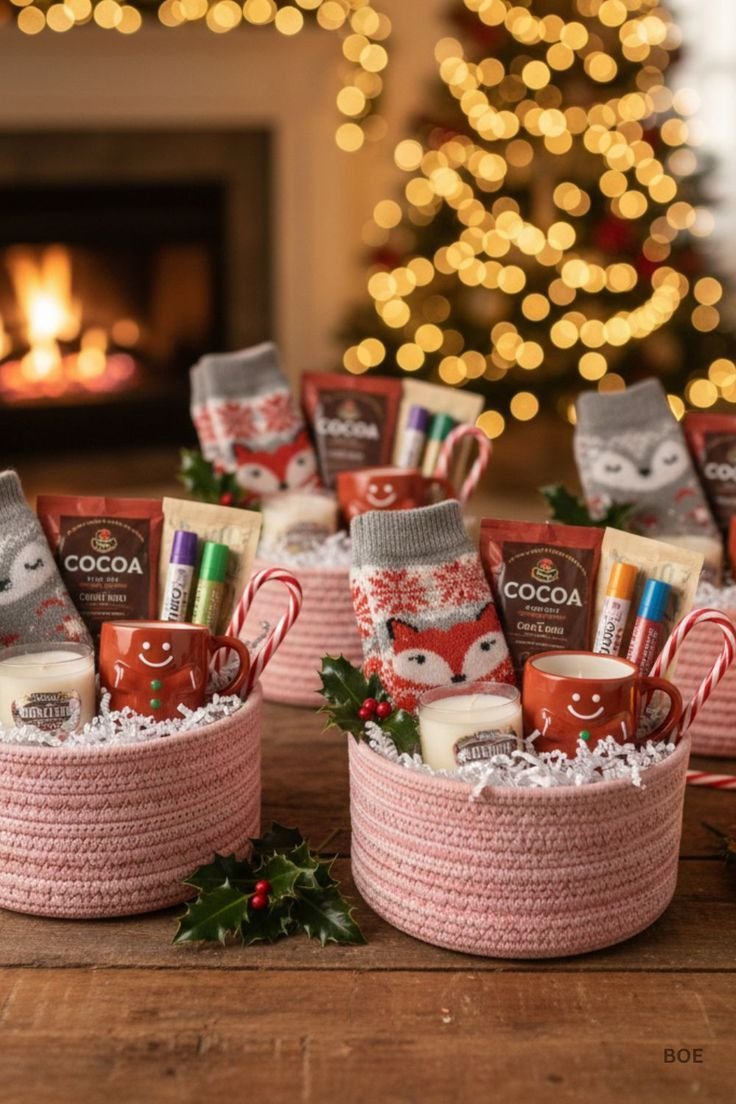 Small DIY Christmas gift basket themed around cozy essentials