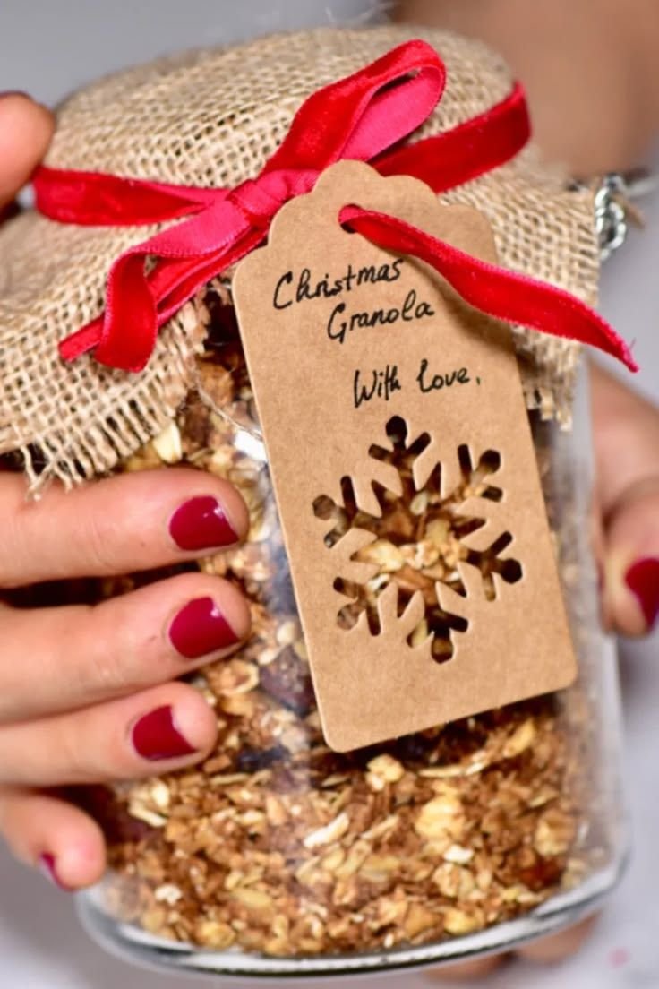 Christmas granola jar layered and labeled as a homemade food gift