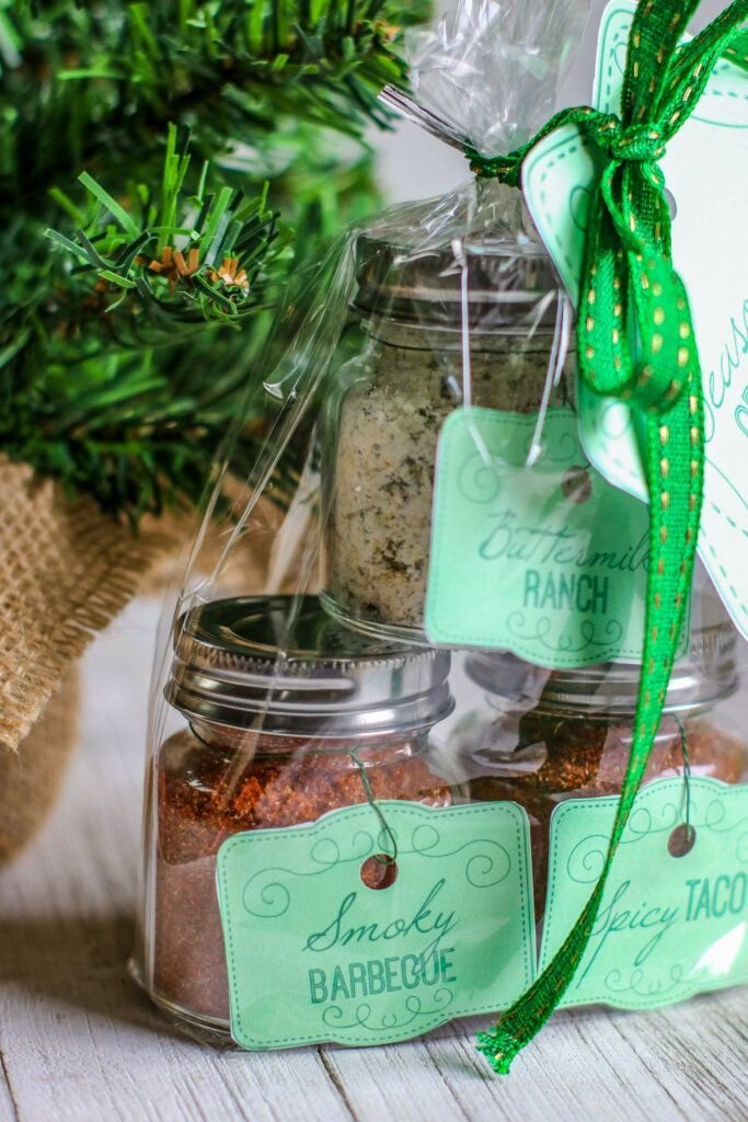Homemade Christmas spice mix packaged in a small labeled jar
