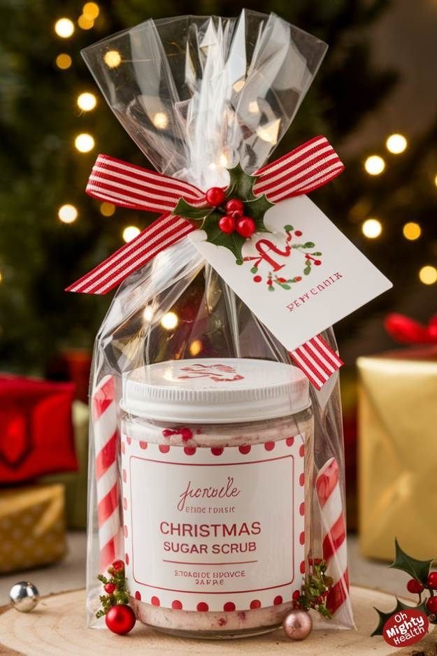 Homemade Christmas sugar scrub in a jar with a ribbon and label