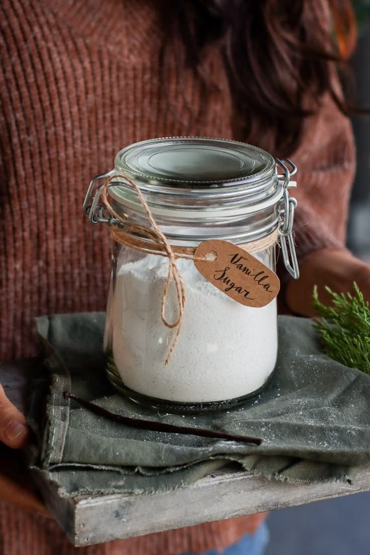 Homemade vanilla sugar in a labeled jar for baking gifts