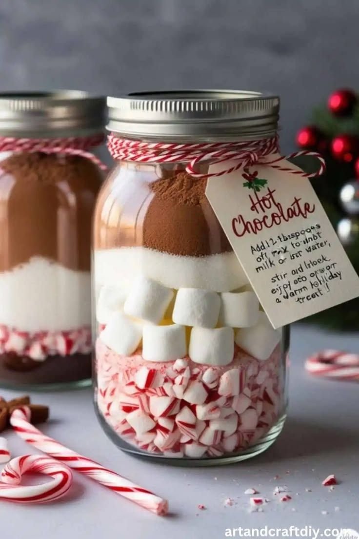 Hot chocolate gift jar layered with cocoa, marshmallows, and peppermint