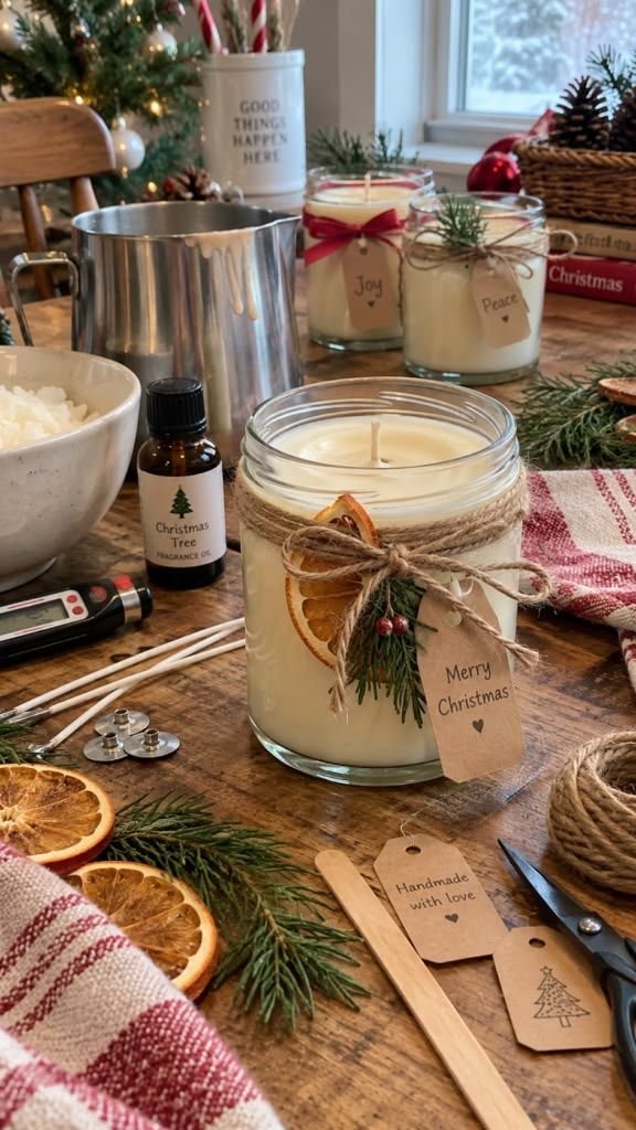 Homemade candle styled as a simple handmade Christmas gift