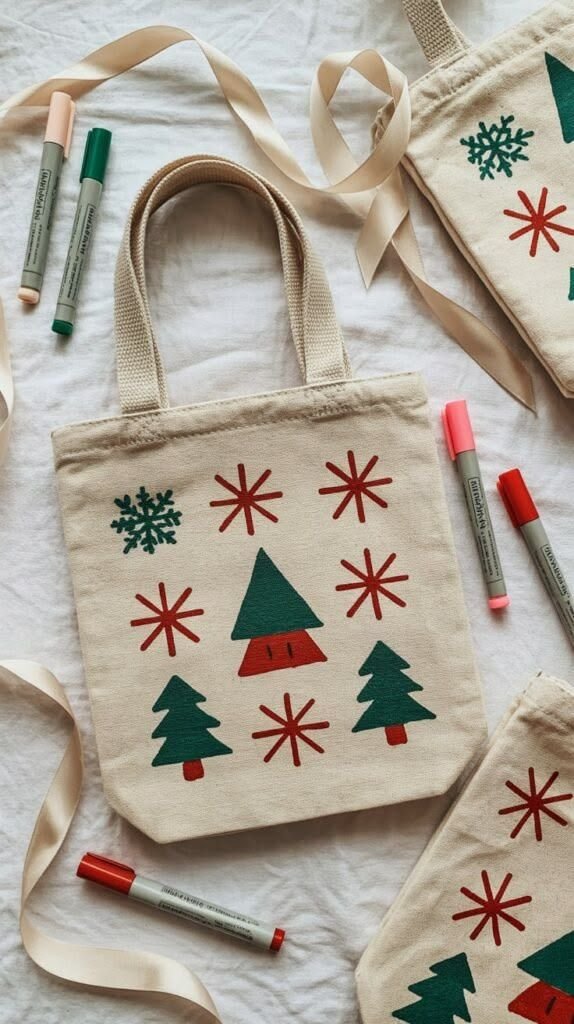 Personalized canvas tote bag decorated for a handmade Christmas gift