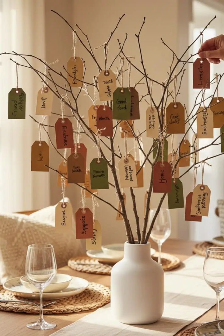 A gratitude tree made of branches with tags for guests to write what they're thankful for