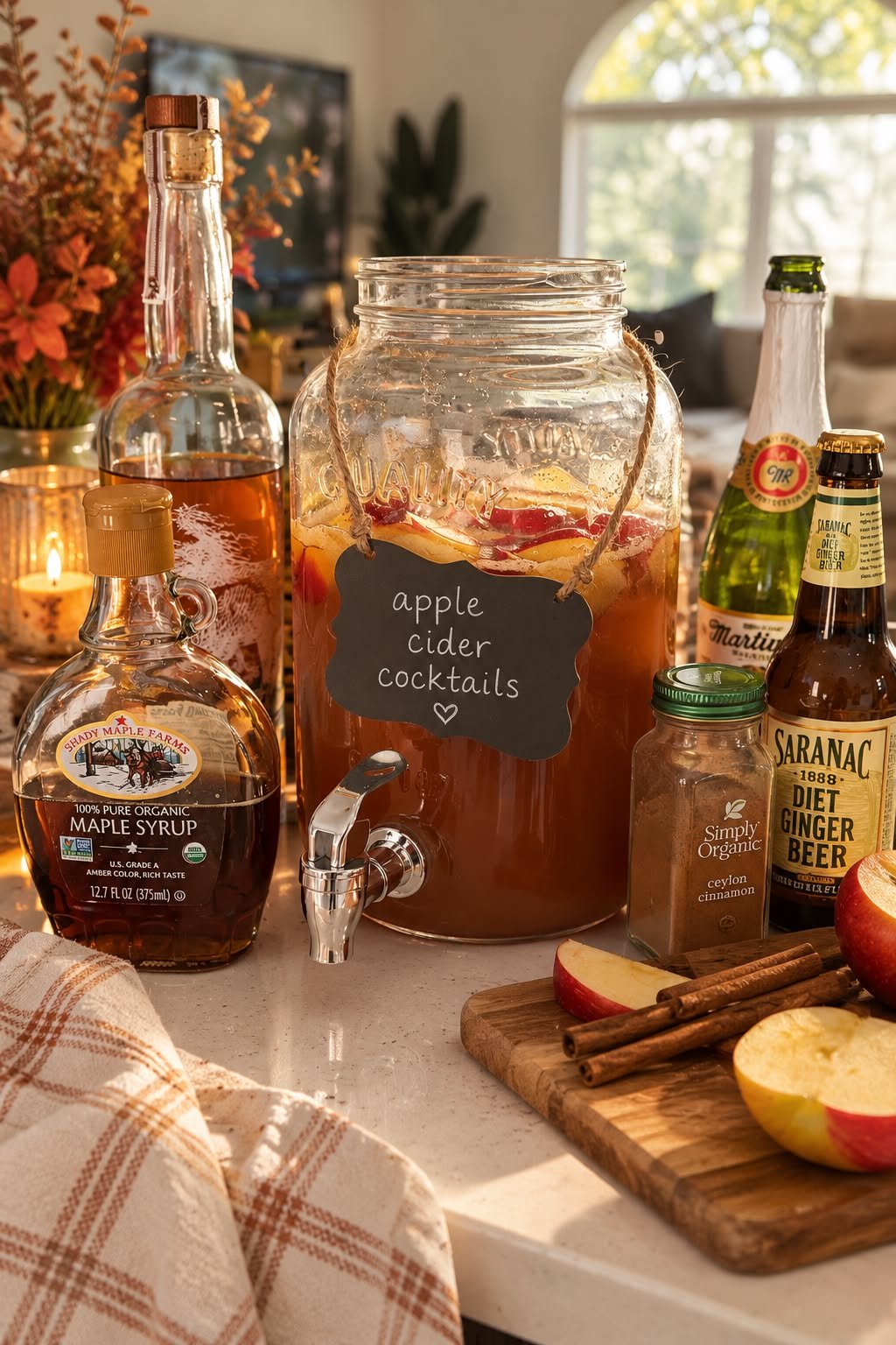 A drink station with a glass dispenser labeled apple cider cocktails and cinnamon sticks