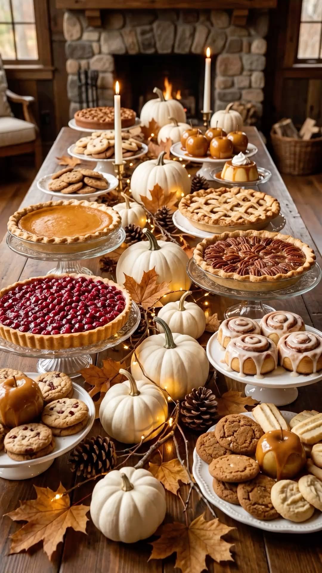 A dessert table with pumpkin pie, pecan pie, cookies, caramel apples, and white pumpkins