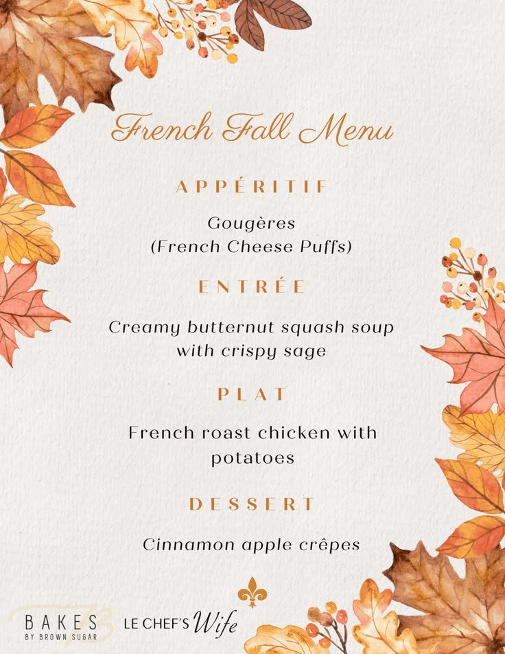 A French Fall Menu card listing a four-course autumn dinner