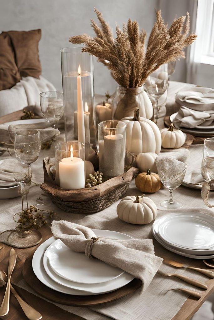 A neutral white and cream tablescape with white pumpkins, candles, and pampas grass